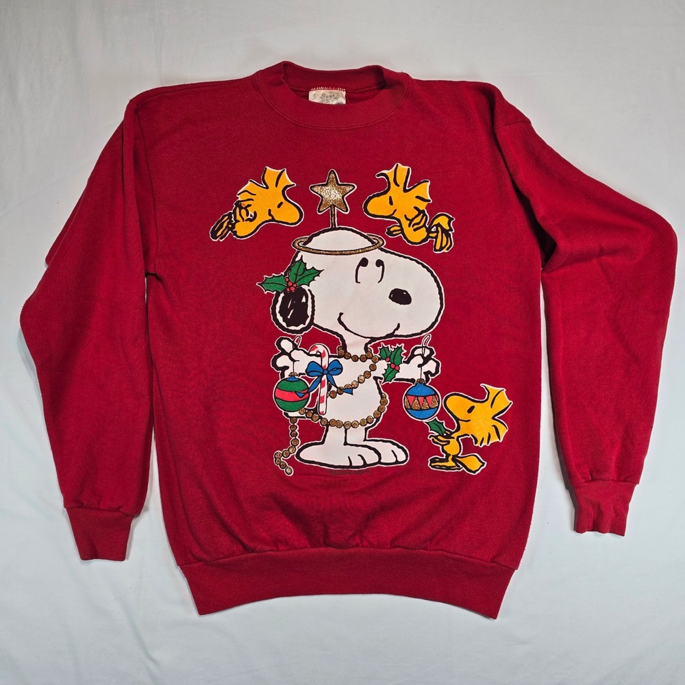 Vintage Peanuts Snoopy Woodstock Christmas Sweatshirt Red Glitter Large USA Made
